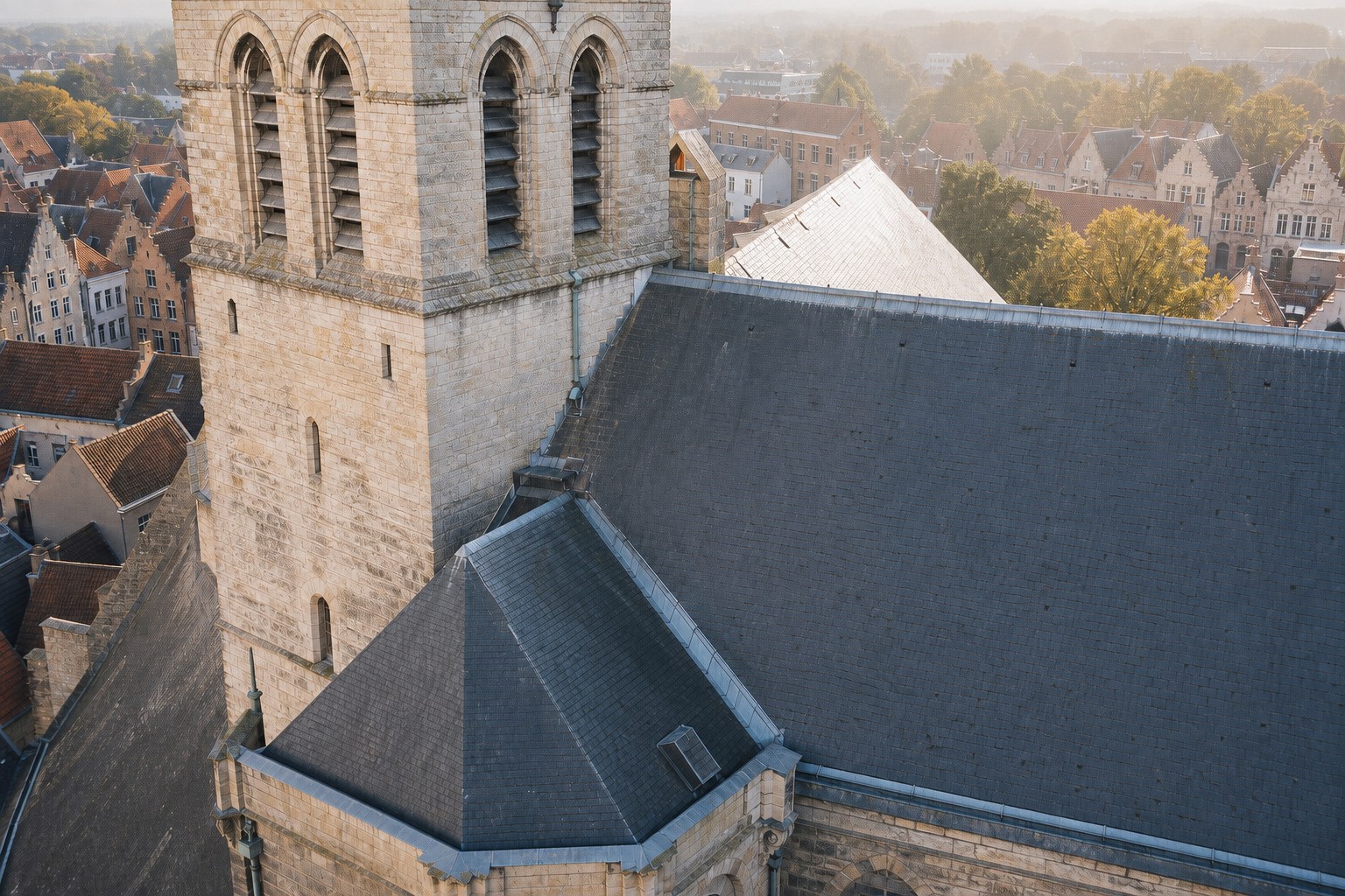 Historische kerktoren en leien dak