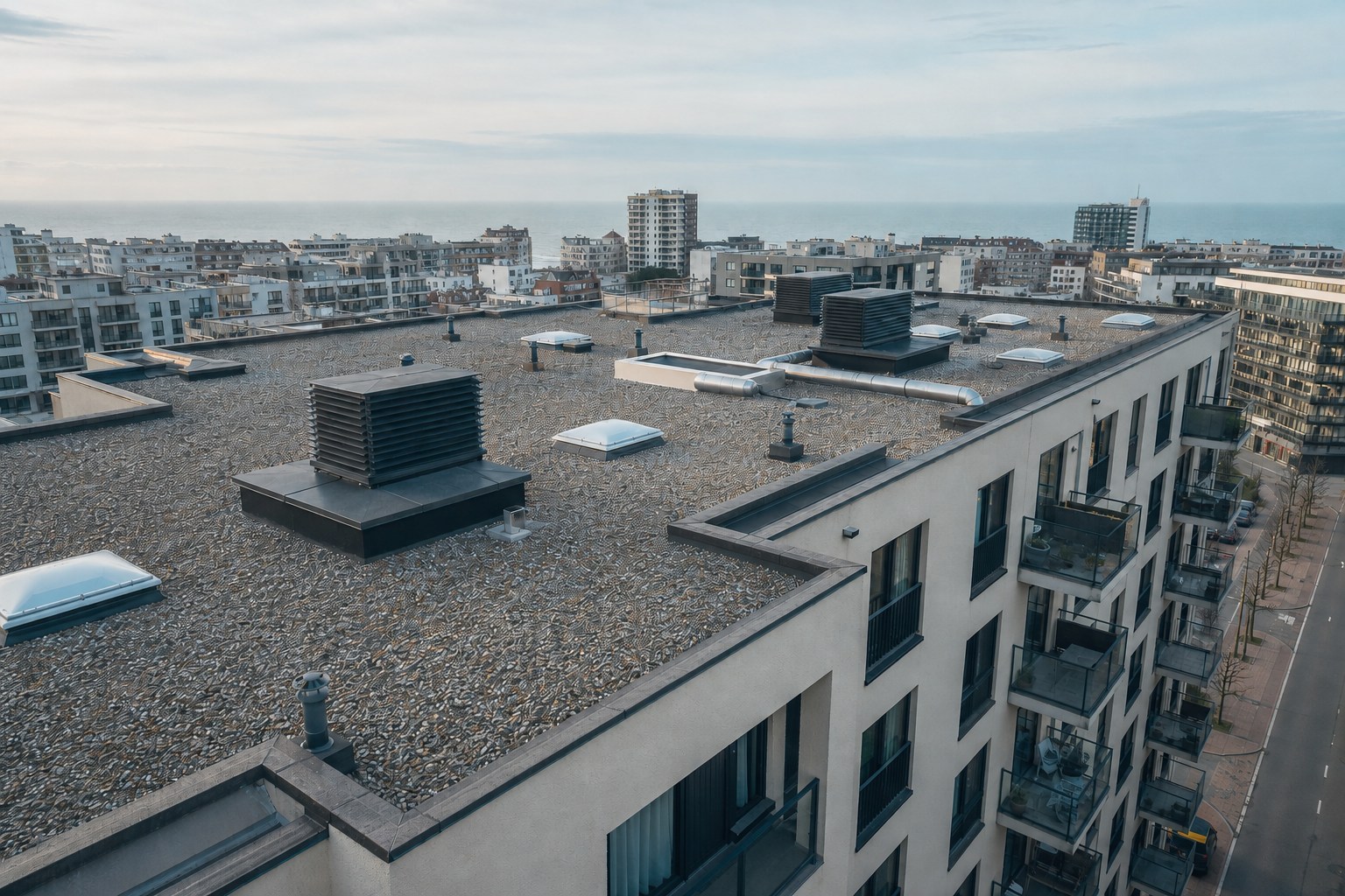 Dronebeeld van een appartementsgebouw met plat dak en technische dakinstallaties