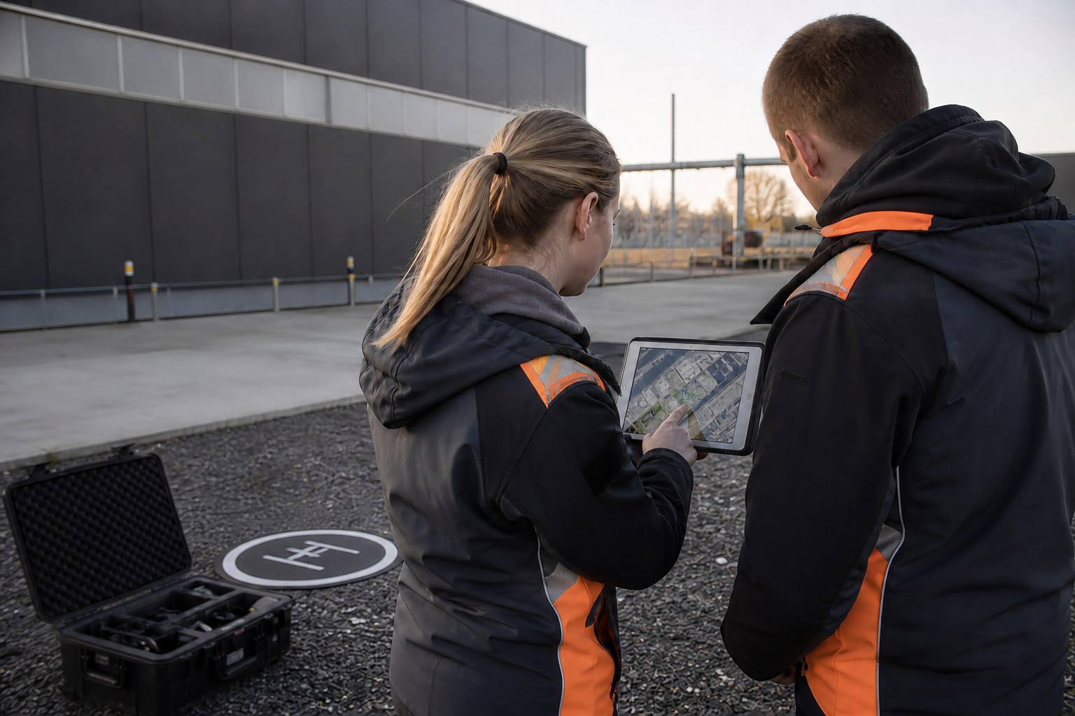 Droneprofessionals bekijken vluchtplan op een tablet